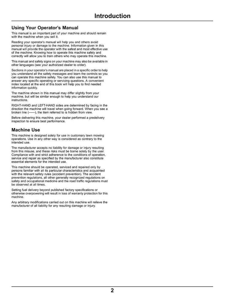 Puede incluir: Una p&aacute;gina de manual impresa en blanco y negro, titulada "Introduction". El texto describe el manual del operador, el uso de la m&aacute;quina y la informaci&oacute;n de seguridad. La p&aacute;gina incluye el n&uacute;mero "2" en la parte inferior.