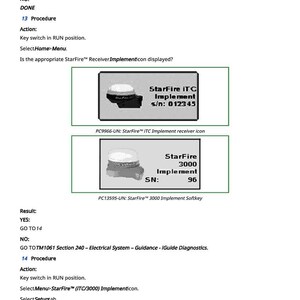 K&ouml;nnte beinhalten: Eine Seite aus einem Handbuch mit Text und Diagrammen. Der Text enth&auml;lt Anweisungen und Verfahren im Zusammenhang mit einem StarFire ITC Implement-Empf&auml;nger und einem StarFire 3000 Implement. Diagramme zeigen den Empf&auml;nger und das Implement.