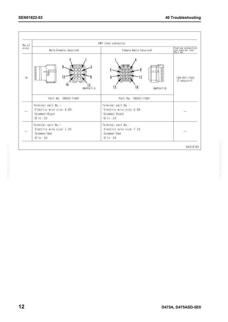 May include: Diagram of an SWP type connector with male and female housing, labeled with part numbers and specifications. Includes details on electric wire sizes and grommet colors.