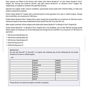 May include: A manual page detailing diesel engine break-in oil specifications. The text lists certified tiers, stages, and API/ACEA classifications. It provides instructions for oil changes and engine operation.