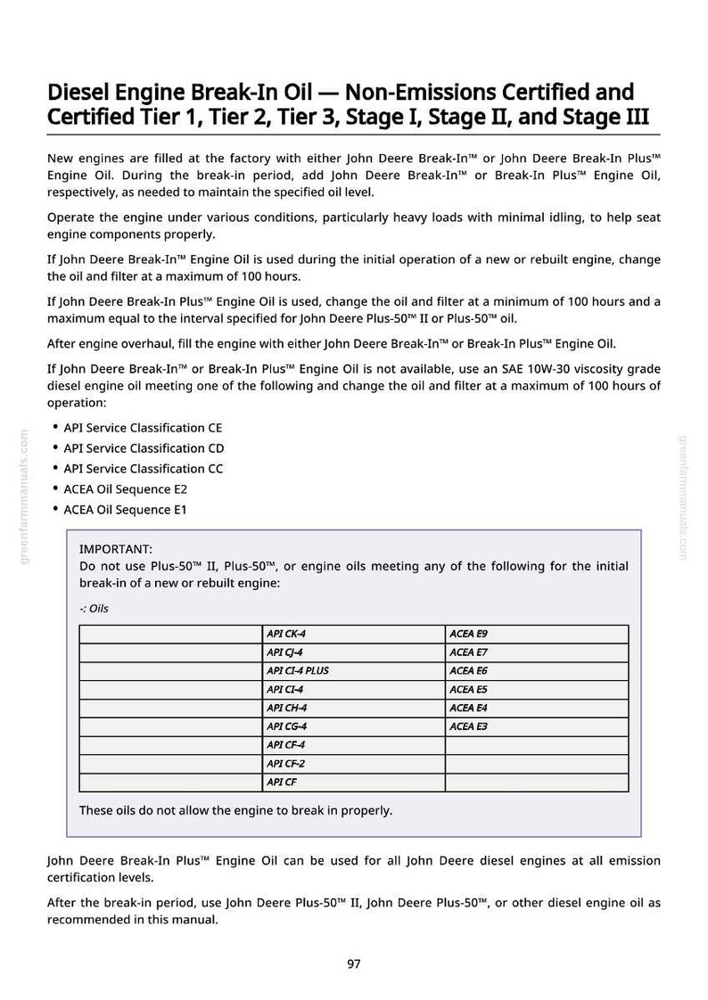 May include: A manual page detailing diesel engine break-in oil specifications. The text lists certified tiers, stages, and API/ACEA classifications. It provides instructions for oil changes and engine operation.
