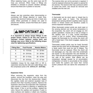 May include: A page from a manual titled "Component Replacement" with sections on hoses, fittings, lines, and an expansion valve. Includes a torque chart with fitting sizes and foot-pounds measurements. Also includes information on the receiver-drier and thermostat.