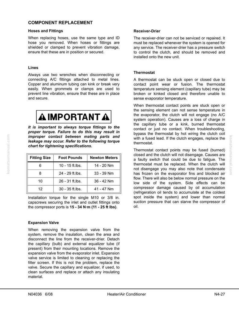 May include: A page from a manual titled "Component Replacement" with sections on hoses, fittings, lines, and an expansion valve. Includes a torque chart with fitting sizes and foot-pounds measurements. Also includes information on the receiver-drier and thermostat.