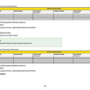 May include: A white document with black text detailing machine control unit information. The document includes tables for control unit data, software versions, and serial numbers. It also lists software options and implementation instructions.