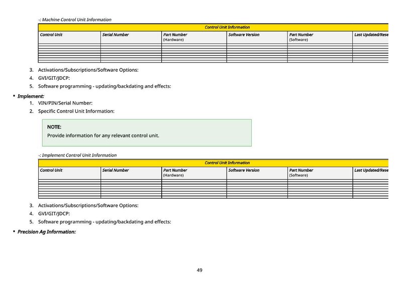 May include: A white document with black text detailing machine control unit information. The document includes tables for control unit data, software versions, and serial numbers. It also lists software options and implementation instructions.