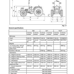Op de afbeelding: Diagram van een tractor met gedetailleerde specificaties. De afbeelding bevat zij- en vooraanzichten, samen met een tabel met afmetingen in millimeters en gewichten in kilogram. De tekst bevat modelnummers en bandenmaten.