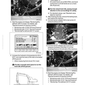May include: A manual page on hydraulic system testing and adjustment, featuring diagrams of machinery parts and instructions. The text includes "Monitoring/Pre-defined" and "R Pump Pressure". Measurements are in degrees Celsius.