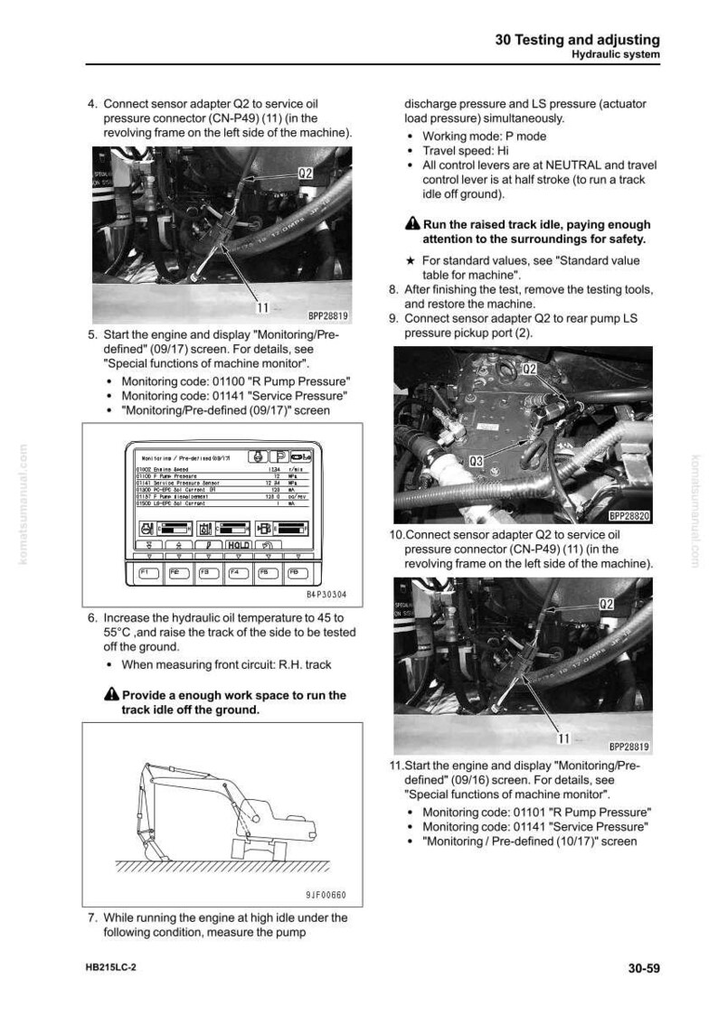 May include: A manual page on hydraulic system testing and adjustment, featuring diagrams of machinery parts and instructions. The text includes "Monitoring/Pre-defined" and "R Pump Pressure". Measurements are in degrees Celsius.