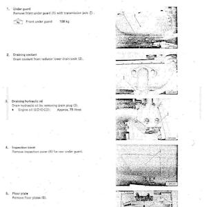 May include: A page from a manual detailing engine disassembly and assembly. The text includes instructions for removing the under guard, draining coolant and hydraulic oil, and removing the inspection cover and floor plates. The image includes diagrams.