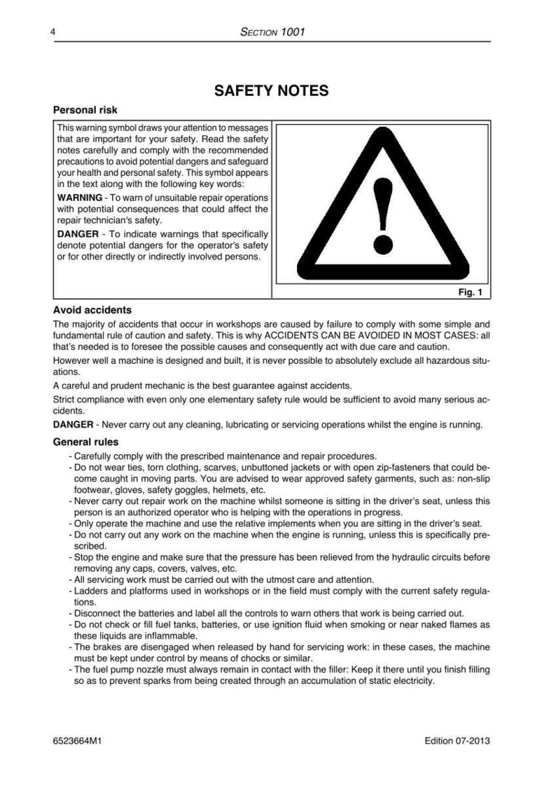 May include: A page from a manual with the title "SAFETY NOTES" and a warning symbol. The symbol is a black exclamation point inside a black triangle. The text provides safety instructions and warnings for machinery repair.