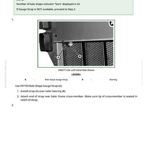 May include: Diagram from a manual showing the adjustment of a bale shape sensor. The image includes a close-up of the sensor with labels and instructions for installing a gauge strap over a roller bearing. Text includes "Channels 007 and 009: Adjust Bale Shape Sensor."