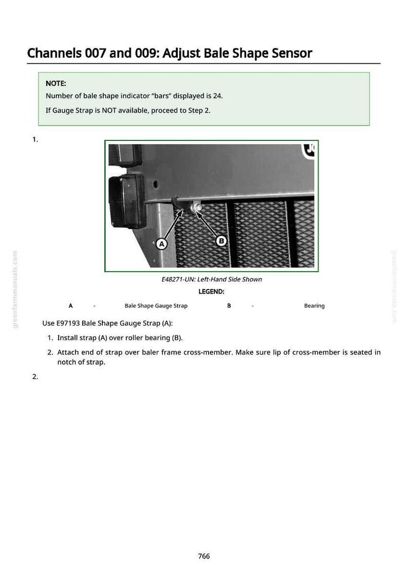 May include: Diagram from a manual showing the adjustment of a bale shape sensor. The image includes a close-up of the sensor with labels and instructions for installing a gauge strap over a roller bearing. Text includes "Channels 007 and 009: Adjust Bale Shape Sensor."