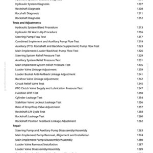 May include: A page from a manual with a list of engine and hydraulic system diagnostic tests, adjustments, and repair procedures. The text includes terms like "Hydraulic System Diagnosis" and "Rockshaft Diagnosis."