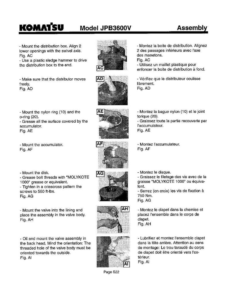 K&ouml;nnte beinhalten: Montageanleitung f&uuml;r ein Komatsu Modell JPB3600V. Die Seite enth&auml;lt Diagramme und Text auf Deutsch, der Schritte wie die Montage des Verteilerkastens, des Nylonrings und der Ventilanordnung detailliert. Der Text enth&auml;lt Messungen in Nm und erw&auml;hnt "MOLYKOTE 1000" Fett.