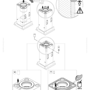 Puede incluir: Diagrama t&eacute;cnico de componentes mec&aacute;nicos, que incluye una estructura cil&iacute;ndrica con aberturas circulares y una base. La imagen incluye etiquetas y flechas que indican los pasos de montaje. El texto incluye "KOMATSU 2021- rev 04", "JMHB660H BM86810678" y "EM12".