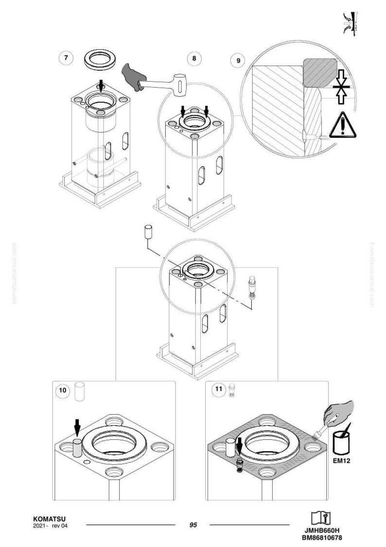 Puede incluir: Diagrama t&eacute;cnico de componentes mec&aacute;nicos, que incluye una estructura cil&iacute;ndrica con aberturas circulares y una base. La imagen incluye etiquetas y flechas que indican los pasos de montaje. El texto incluye "KOMATSU 2021- rev 04", "JMHB660H BM86810678" y "EM12".