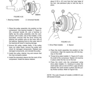 May include: Diagrams illustrating pulley and clutch assembly installation procedures. Includes figures, labels, and instructions for bearing installers, universal handles, drive plate installers, and spacers. Text includes measurements in inches.