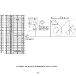 May include: A black and white wiring diagram for a floor harness. The diagram includes tables of data, circuit symbols, and a schematic layout. The text "tx1205062-UN: Floor Harness (W1) Wiring Diagram (1 of 3)" is visible.