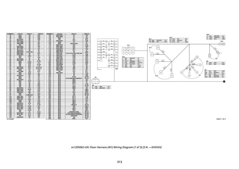 May include: A black and white wiring diagram for a floor harness. The diagram includes tables of data, circuit symbols, and a schematic layout. The text "tx1205062-UN: Floor Harness (W1) Wiring Diagram (1 of 3)" is visible.