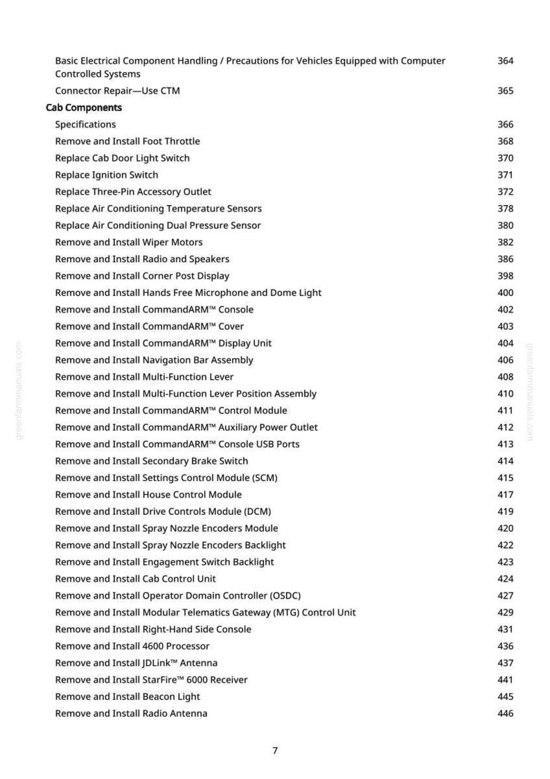 K&ouml;nnte beinhalten: Ein detailliertes Inhaltsverzeichnis aus einem Fahrzeugreparaturhandbuch, das verschiedene Verfahren wie das Aus- und Einbauen von Komponenten wie Fu&szlig;gas, Radio, Lautsprechern und Steuermodulen auflistet. Seite 7.