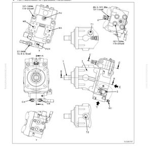 May include: Diagram of an HST motor, model KMV55, with various views and labels. Includes measurements in Nm and kpm, and the text "HST motor" and "200 Power train HST motor".