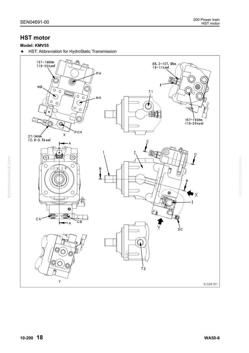 May include: Diagram of an HST motor, model KMV55, with various views and labels. Includes measurements in Nm and kpm, and the text "HST motor" and "200 Power train HST motor".