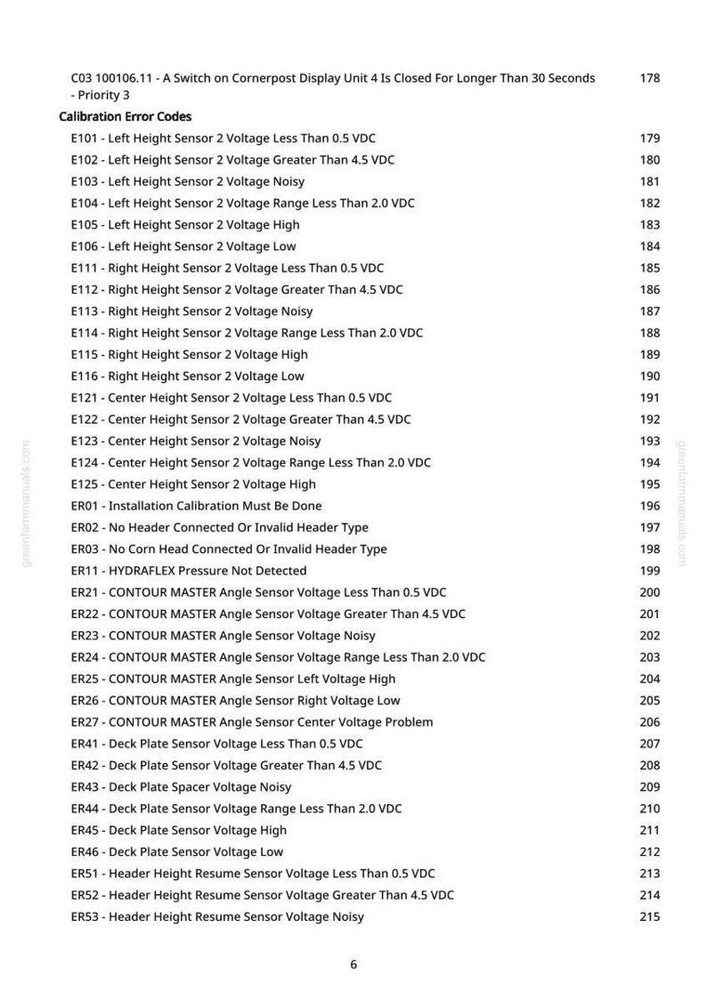 May include: A printed page with a list of calibration error codes, including voltage readings for various sensors. The text includes codes like E101, E102, and ER01, along with descriptions. The page also has a website address.