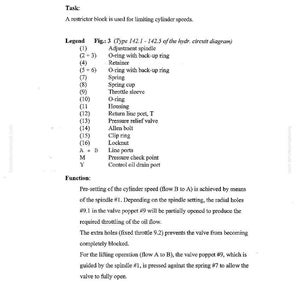 May include: A technical diagram from DEMAG KOMATSU, detailing components for hydraulic mining shovels. The diagram includes a restrictor block with labeled parts like adjustment spindle, O-rings, and a spring. Text explains the function of the block in limiting cylinder speeds.
