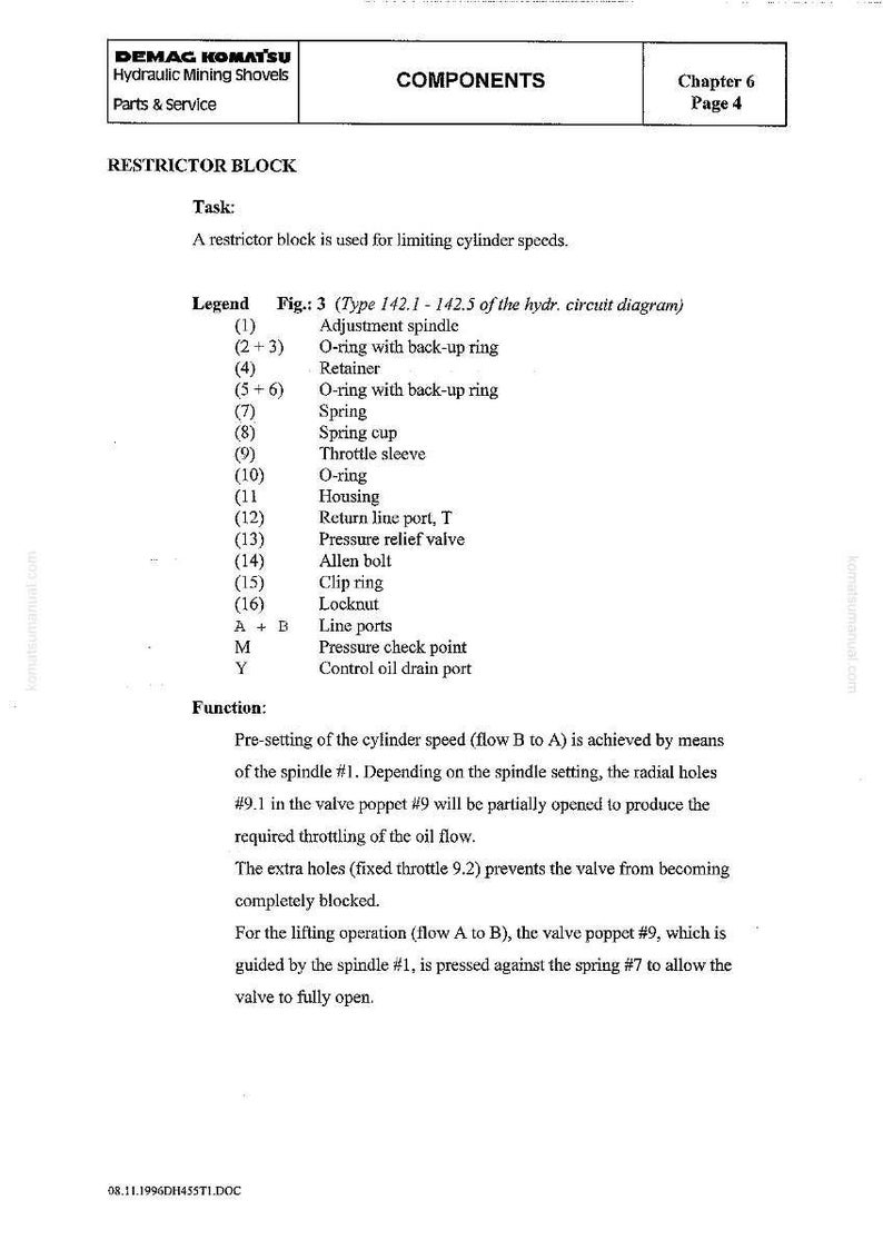 May include: A technical diagram from DEMAG KOMATSU, detailing components for hydraulic mining shovels. The diagram includes a restrictor block with labeled parts like adjustment spindle, O-rings, and a spring. Text explains the function of the block in limiting cylinder speeds.