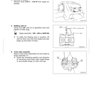 May include: Diagram from a manual showing the disassembly and assembly of a bogie. Includes illustrations of parts, tools, and instructions for removal, refilling with oil, and track roller assembly. Text includes measurements in cc.