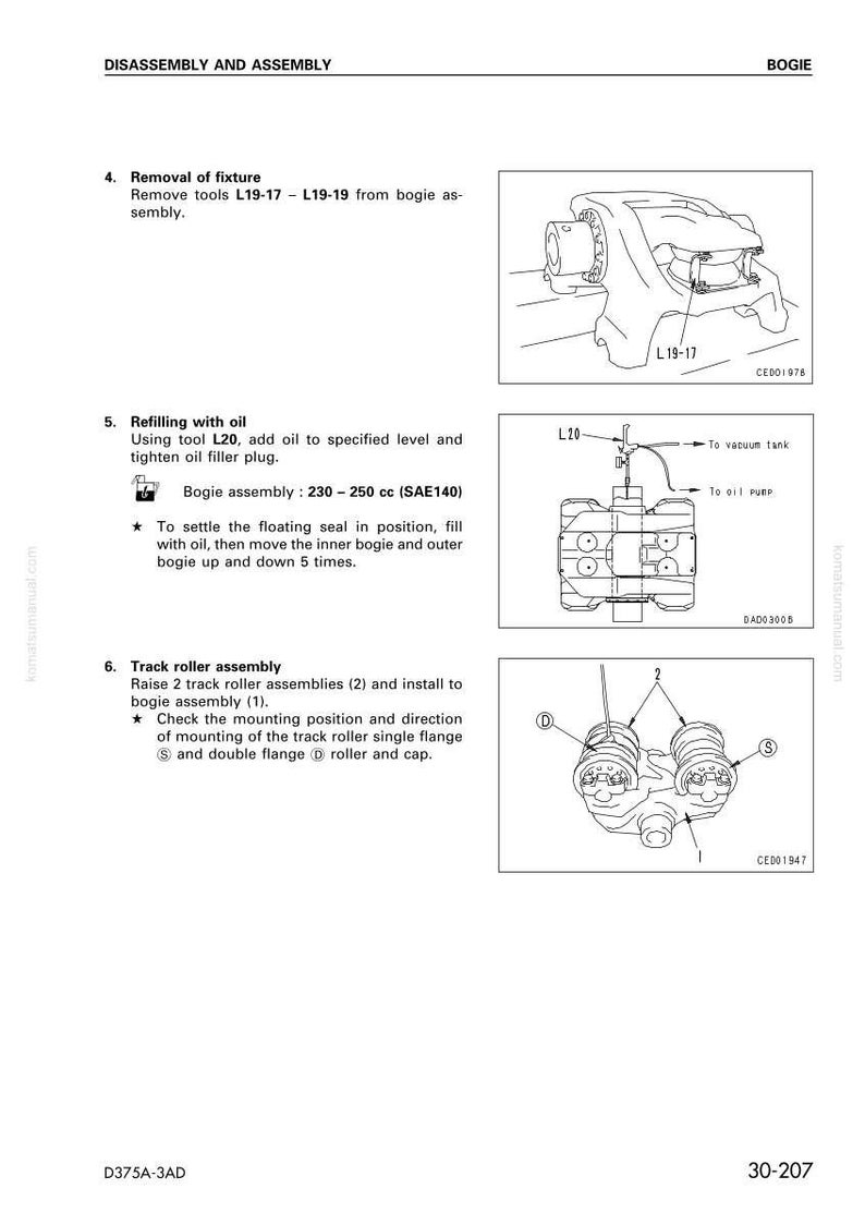 May include: Diagram from a manual showing the disassembly and assembly of a bogie. Includes illustrations of parts, tools, and instructions for removal, refilling with oil, and track roller assembly. Text includes measurements in cc.