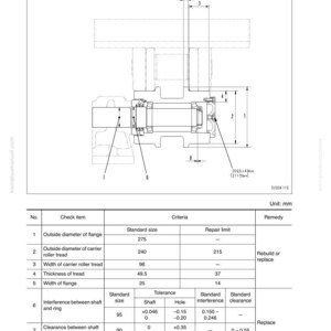 May include: Diagram of a carrier roller with measurements in millimeters. The image includes a detailed schematic with dimensions for various components, such as flange diameter, tread width, and clearance specifications. The text includes the title "Carrier roller" and technical data.