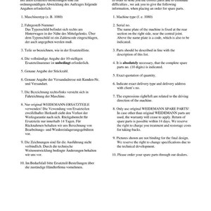 K&ouml;nnte beinhalten: Ein wei&szlig;es Dokument mit deutschem und englischem Text, betitelt "Wichtige Hinweise" und "Important Notices". Es enth&auml;lt Anweisungen zur Bestellung von Ersatzteilen. Seite 10 von 211.