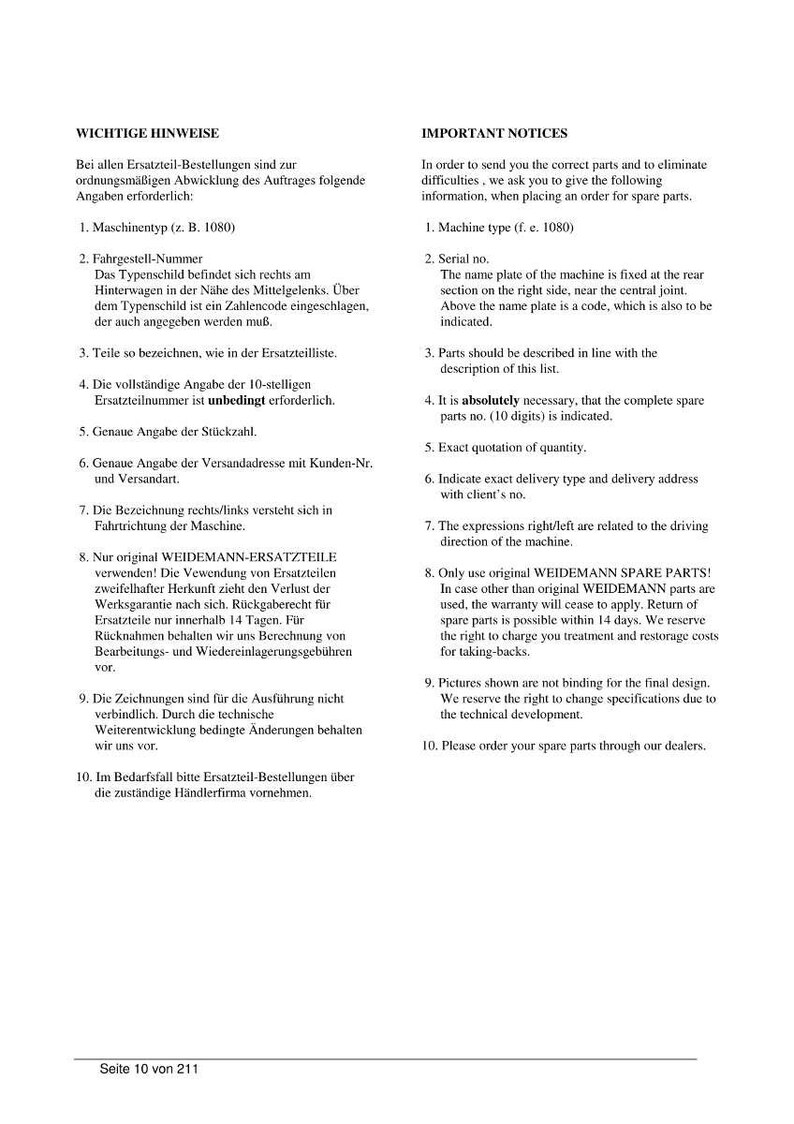 K&ouml;nnte beinhalten: Ein wei&szlig;es Dokument mit deutschem und englischem Text, betitelt "Wichtige Hinweise" und "Important Notices". Es enth&auml;lt Anweisungen zur Bestellung von Ersatzteilen. Seite 10 von 211.