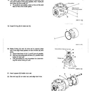 May include: Diagram of a steering valve assembly with labels and instructions for disassembly and assembly. The image includes detailed illustrations of various components, including O-rings, rotors, and end caps, with measurements and alignment instructions.