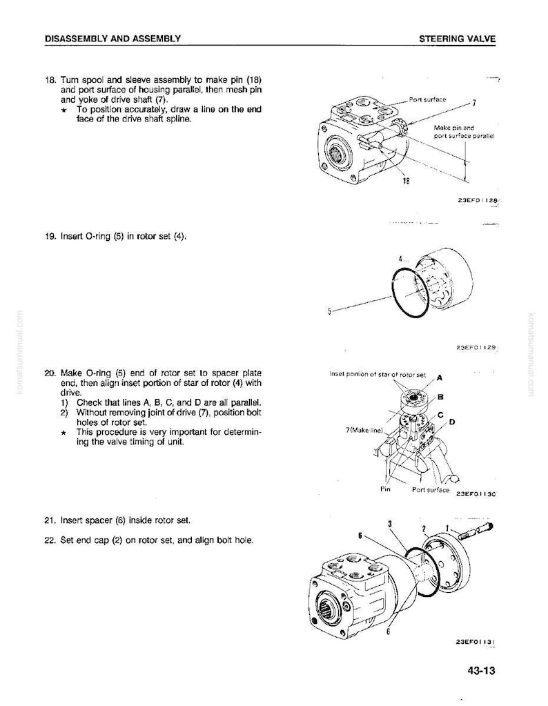 May include: Diagram of a steering valve assembly with labels and instructions for disassembly and assembly. The image includes detailed illustrations of various components, including O-rings, rotors, and end caps, with measurements and alignment instructions.