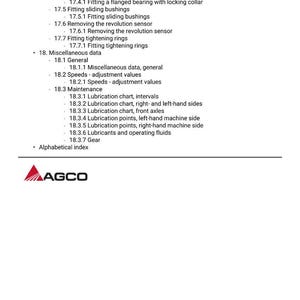 May include: A white document with a list of technical specifications, including fitting, lubrication, and maintenance details. The AGCO logo is at the bottom. The document is for machinery.