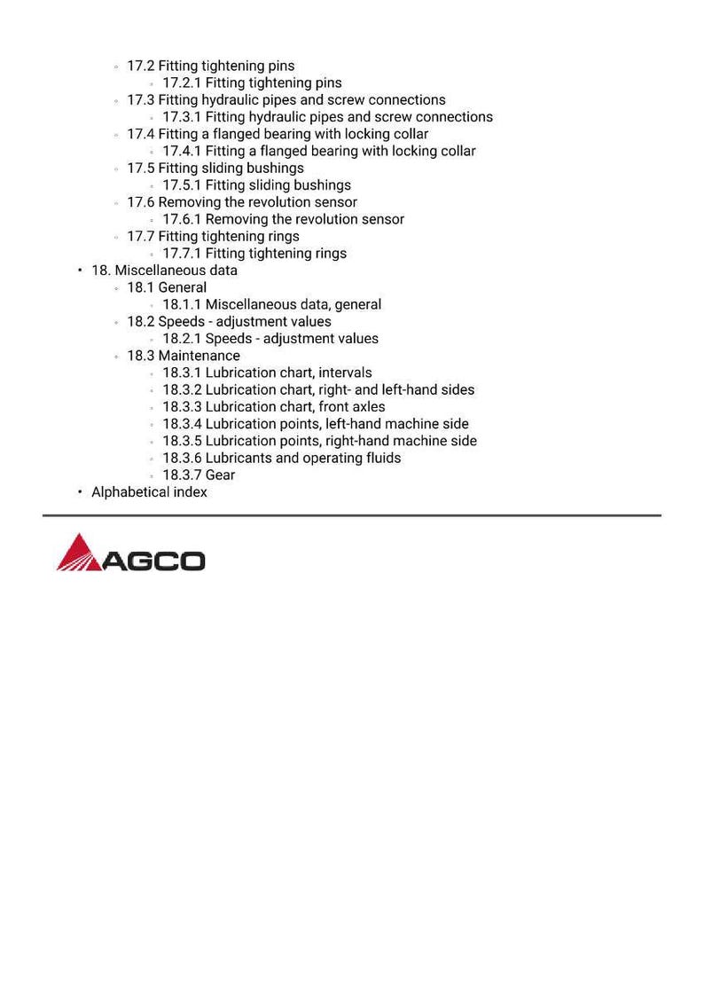 May include: A white document with a list of technical specifications, including fitting, lubrication, and maintenance details. The AGCO logo is at the bottom. The document is for machinery.