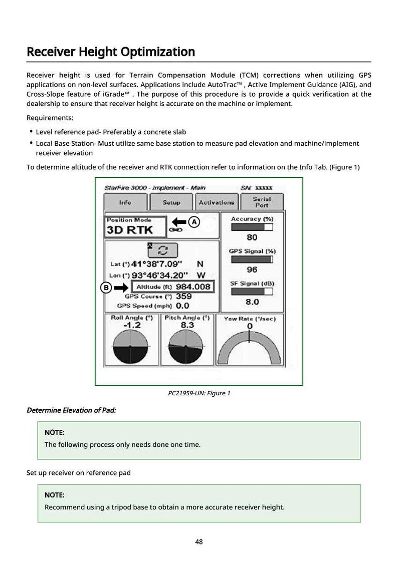 K&ouml;nnte beinhalten: Technisches Dokument mit dem Titel &bdquo;Receiver Height Optimization&ldquo; mit Diagrammen und Text. Das Dokument enth&auml;lt Anweisungen f&uuml;r GPS-Anwendungen, H&ouml;henmessungen und Einrichtungsverfahren. Das Bild zeigt auch eine Ger&auml;teschnittstelle.