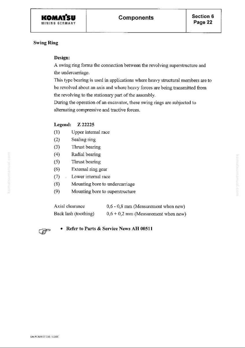 May include: A Komatsu Mining Germany document detailing swing ring components. The document includes a design description, a legend with part names, and measurements for axial clearance and back lash. Measurements are in millimetres. Text is black on white.