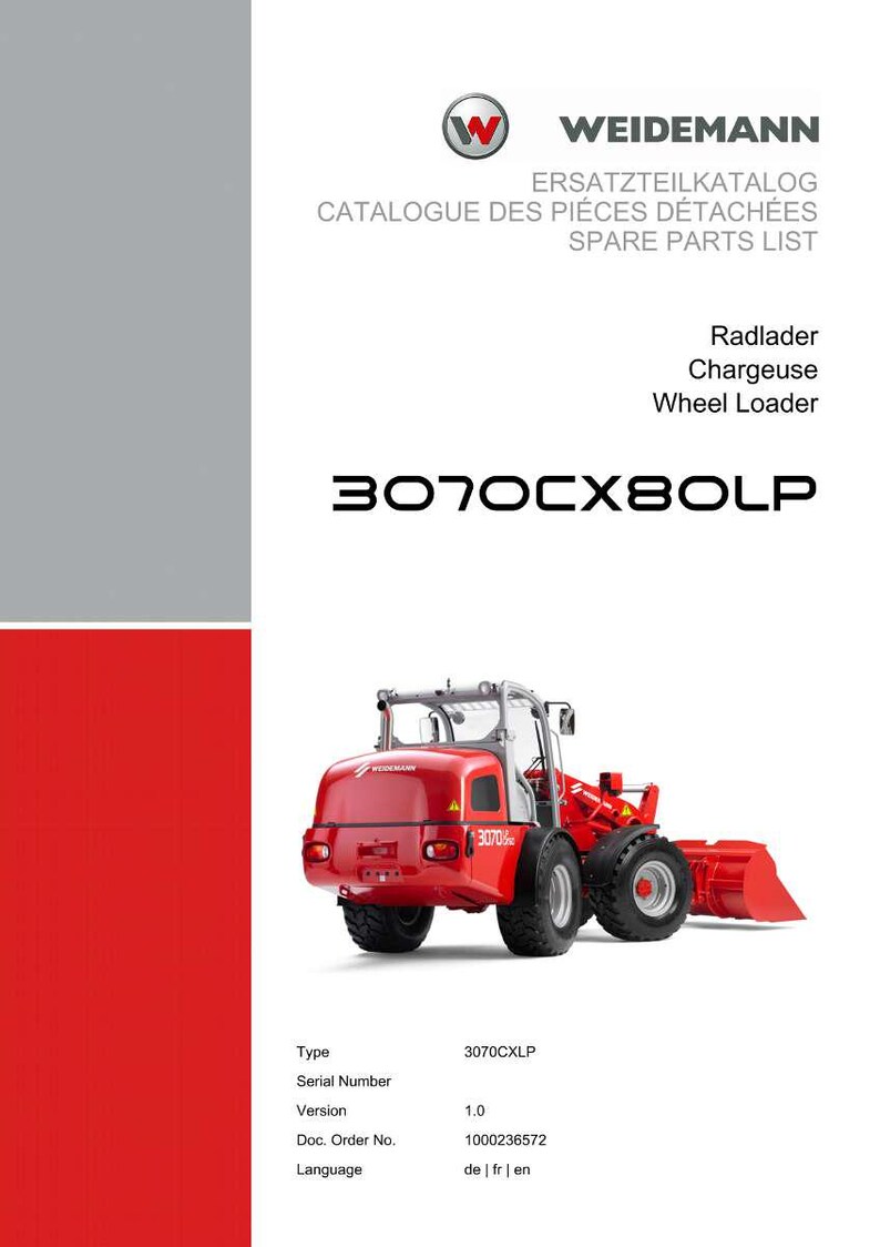 Peut inclure: Un chargeur sur pneus rouge et argent, mod&egrave;le 3070CX80LP, avec le logo Weidemann. L'image est une liste de pi&egrave;ces d&eacute;tach&eacute;es, avec du texte en allemand, fran&ccedil;ais et anglais.