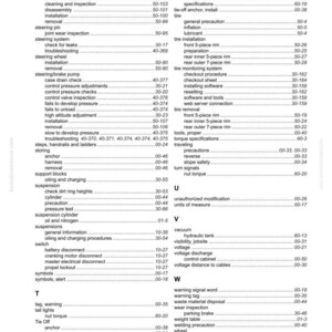 May include: An index page from a manual, detailing automotive repair topics. The page lists sections on steering, tyres, and suspension, with corresponding page numbers. The text is black on a white background.