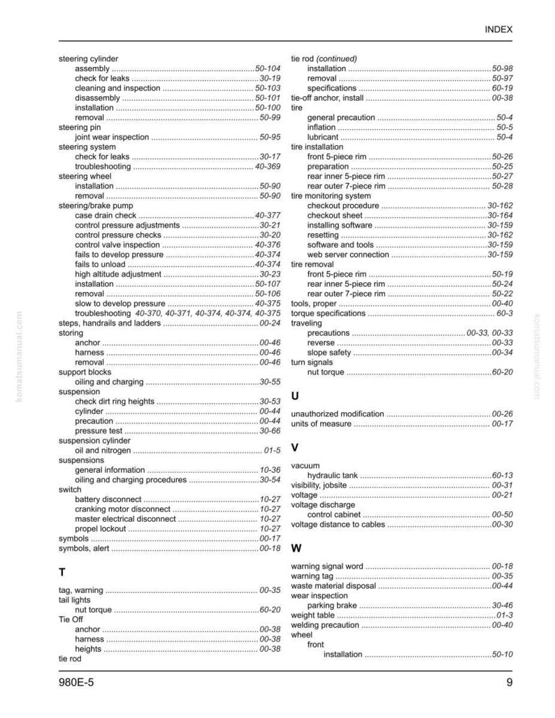 May include: An index page from a manual, detailing automotive repair topics. The page lists sections on steering, tyres, and suspension, with corresponding page numbers. The text is black on a white background.