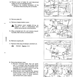May include: Technical diagram illustrating the removal of a damper assembly. The black and white image shows various engine components, including plates, covers, and joints, with accompanying text instructions and diagrams. The text includes measurements in kilograms and liters.