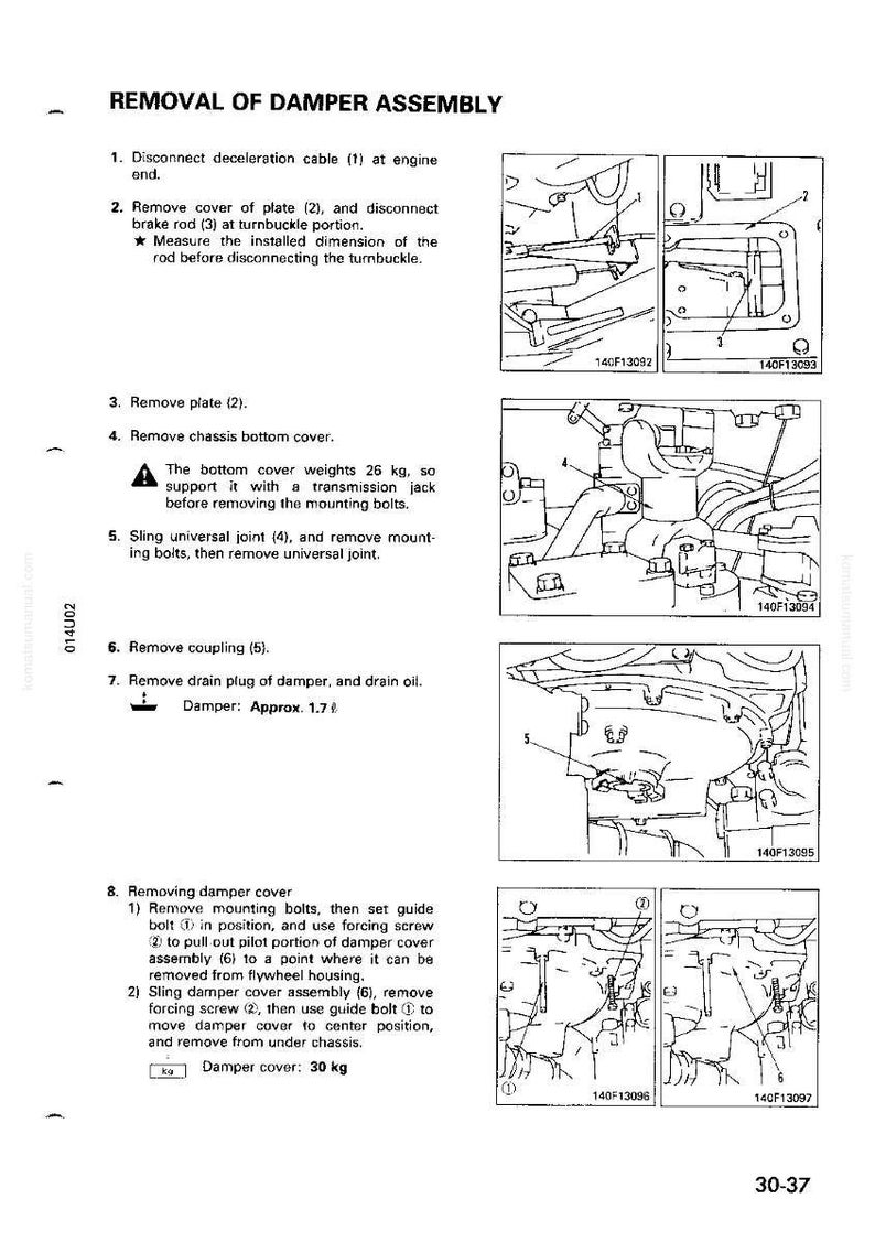 May include: Technical diagram illustrating the removal of a damper assembly. The black and white image shows various engine components, including plates, covers, and joints, with accompanying text instructions and diagrams. The text includes measurements in kilograms and liters.
