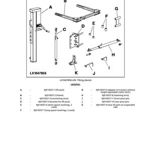 May include: Diagram of a cab tilting device, labeled KJD10557, with various components including a lift post, frame, struts, brackets, and bushings. The image includes a legend with part descriptions.