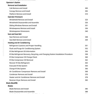 May include: A page from a manual with a table of contents. The headings include Frame Installation, Chassis Weights, Operator's Station, Operator Enclosure, Seat and Seat Belt, Heating and Air Conditioning, and Blades.