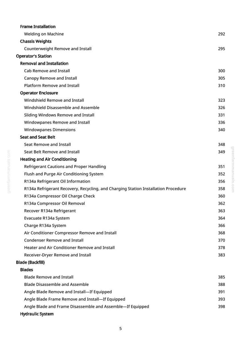 May include: A page from a manual with a table of contents. The headings include Frame Installation, Chassis Weights, Operator's Station, Operator Enclosure, Seat and Seat Belt, Heating and Air Conditioning, and Blades.
