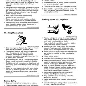May include: A safety guide with text and illustrations, providing instructions for safe operation of a lawn mower. Includes warnings about rotating blades and instructions for checking the mowing area and parking safely.