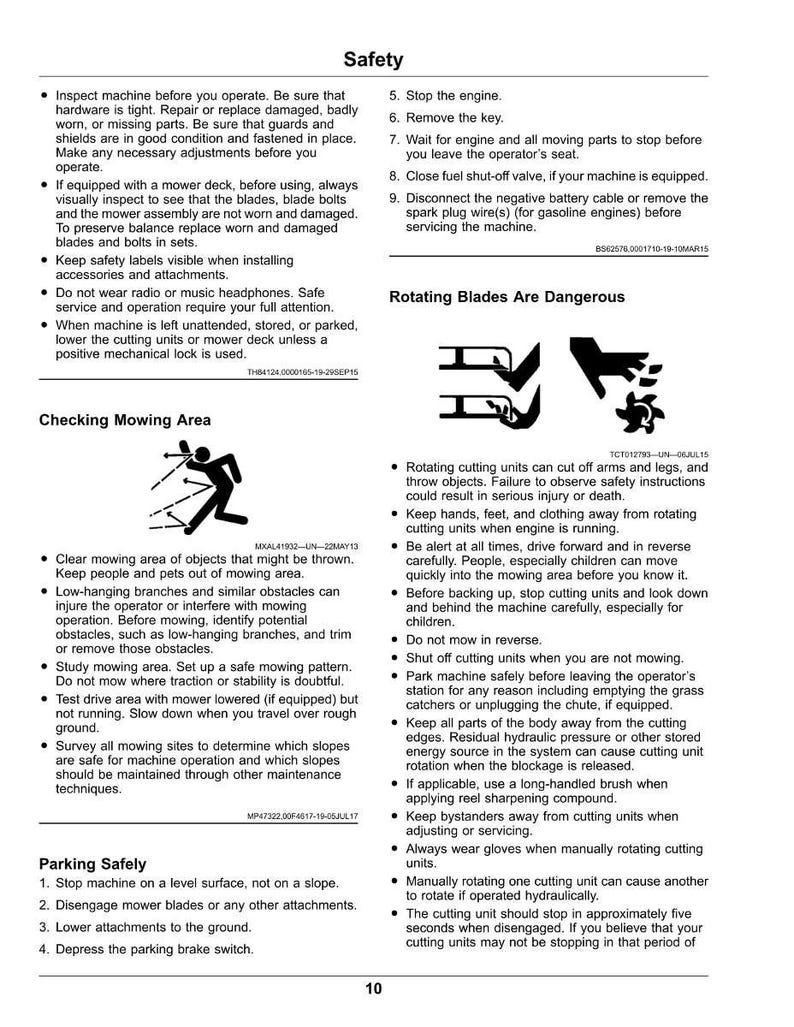 May include: A safety guide with text and illustrations, providing instructions for safe operation of a lawn mower. Includes warnings about rotating blades and instructions for checking the mowing area and parking safely.